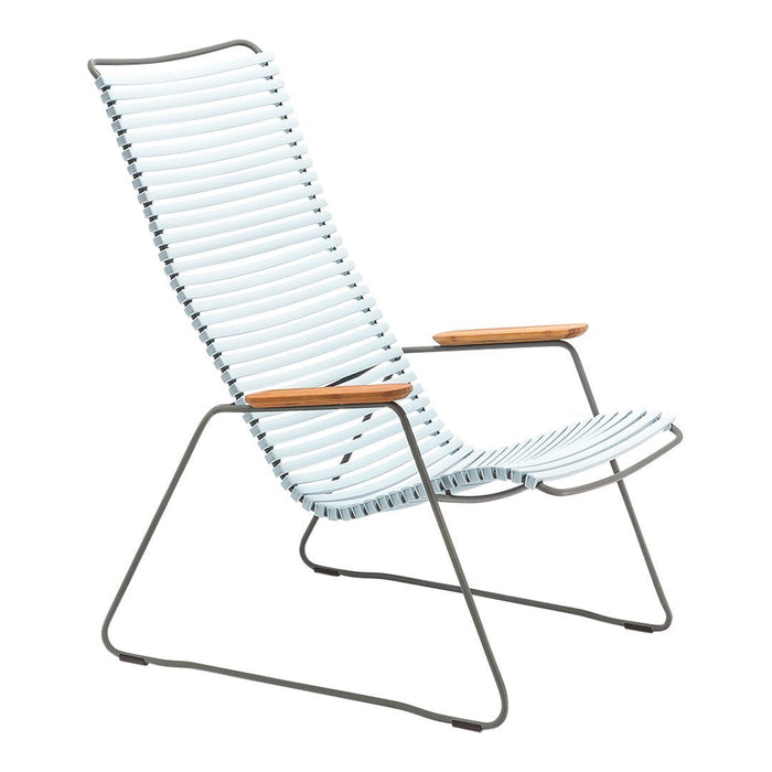 Light blue and white striped lounge chair with wooden armrests and a sleek metal frame. Perfect for modern decor.