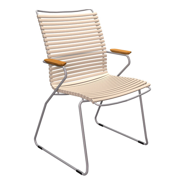 Beige striped chair with wood accents and a sleek silver frame, perfect for modern outdoor or indoor settings.