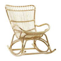 Natural bamboo rocking chair with a woven pattern and beige tones, perfect for a cozy, minimalist decor.