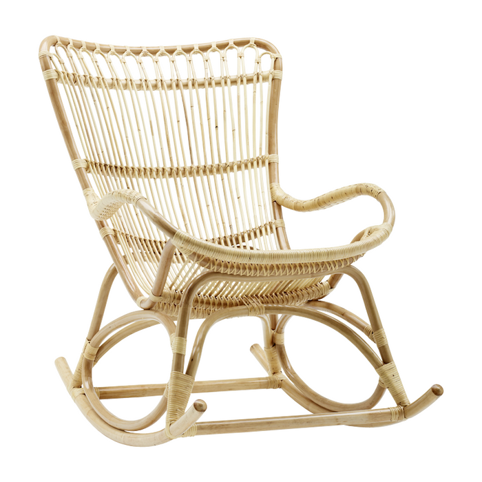 Natural bamboo rocking chair with a woven pattern and beige tones, perfect for a cozy, minimalist decor.
