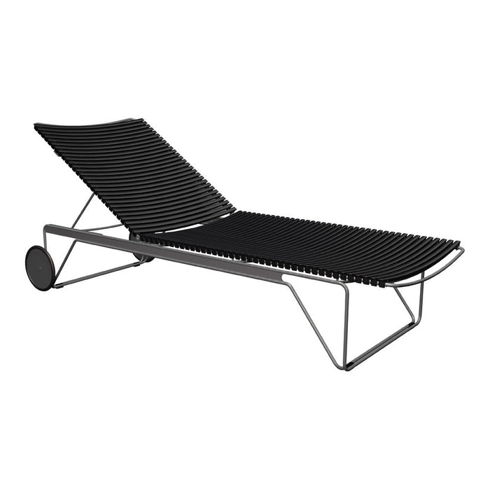 Black striped lounge chair with a sleek metal frame, perfect for outdoor relaxation. Stylish and modern design.