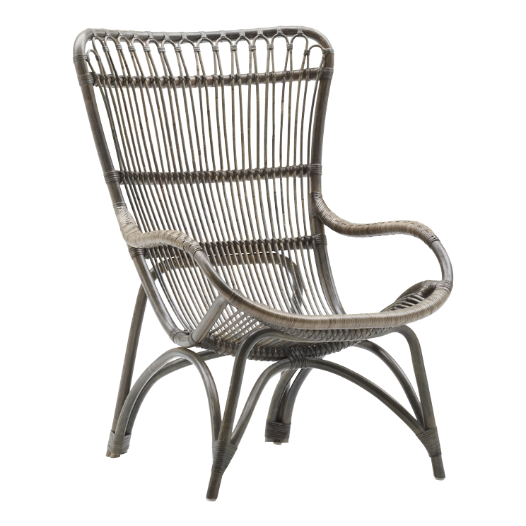 Gray rattan chair with intricate open weave and curved design, adding a relaxed, modern touch to any space.