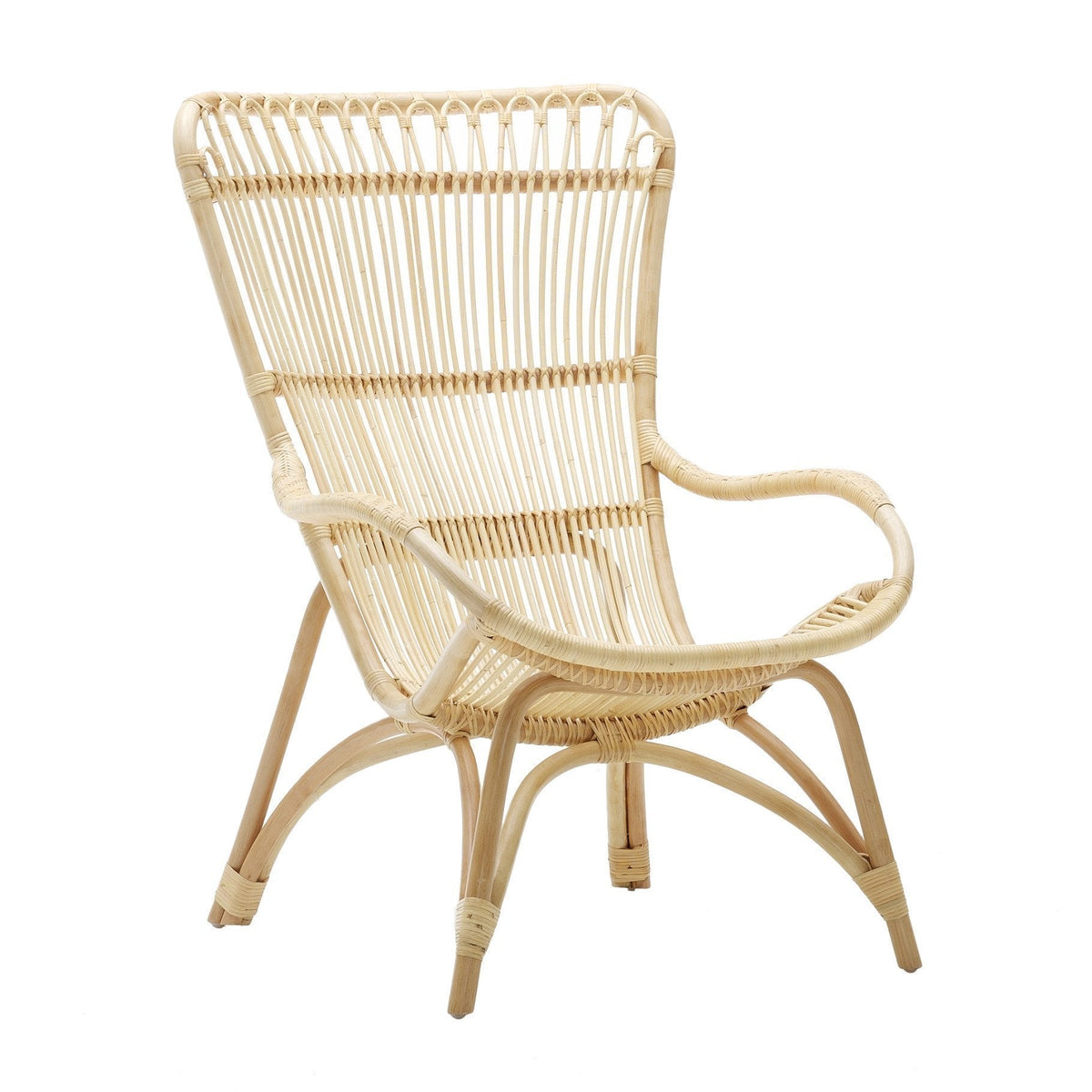 Natural rattan chair with a light beige finish and a woven pattern, featuring a high back and sculpted arms.