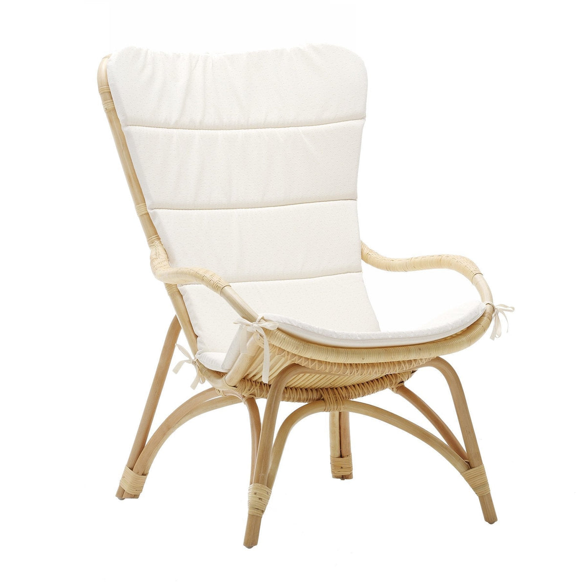 Cream-colored cushioned chair with a natural rattan frame and smooth, minimalist design. Ideal for stylish interiors.