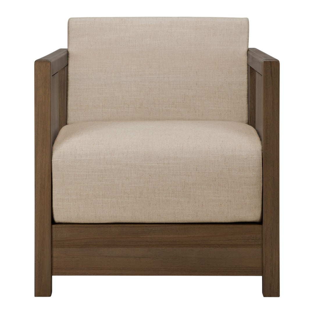 Beige upholstered armchair with a simple, solid wood frame and clean lines, perfect for modern decor.