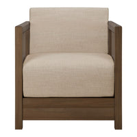 Beige upholstered armchair with a simple, solid wood frame and clean lines, perfect for modern decor.