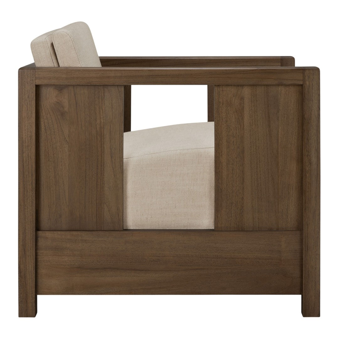 Modern wooden chair with a rich brown finish and light beige, upholstered cushion. Minimalist design with clean lines.