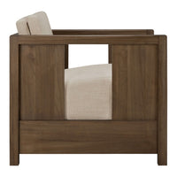Modern wooden chair with a rich brown finish and light beige, upholstered cushion. Minimalist design with clean lines.