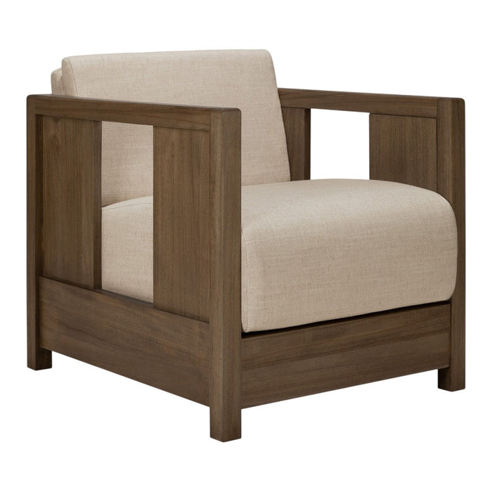 Beige upholstery with a natural wood frame featuring a minimalist design and open panel pattern. Perfect for modern decor.