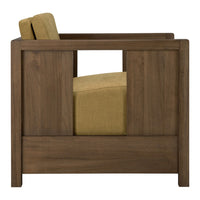 Wooden armchair with a rich brown frame and a textured mustard yellow cushion, featuring a modern, minimalist design.