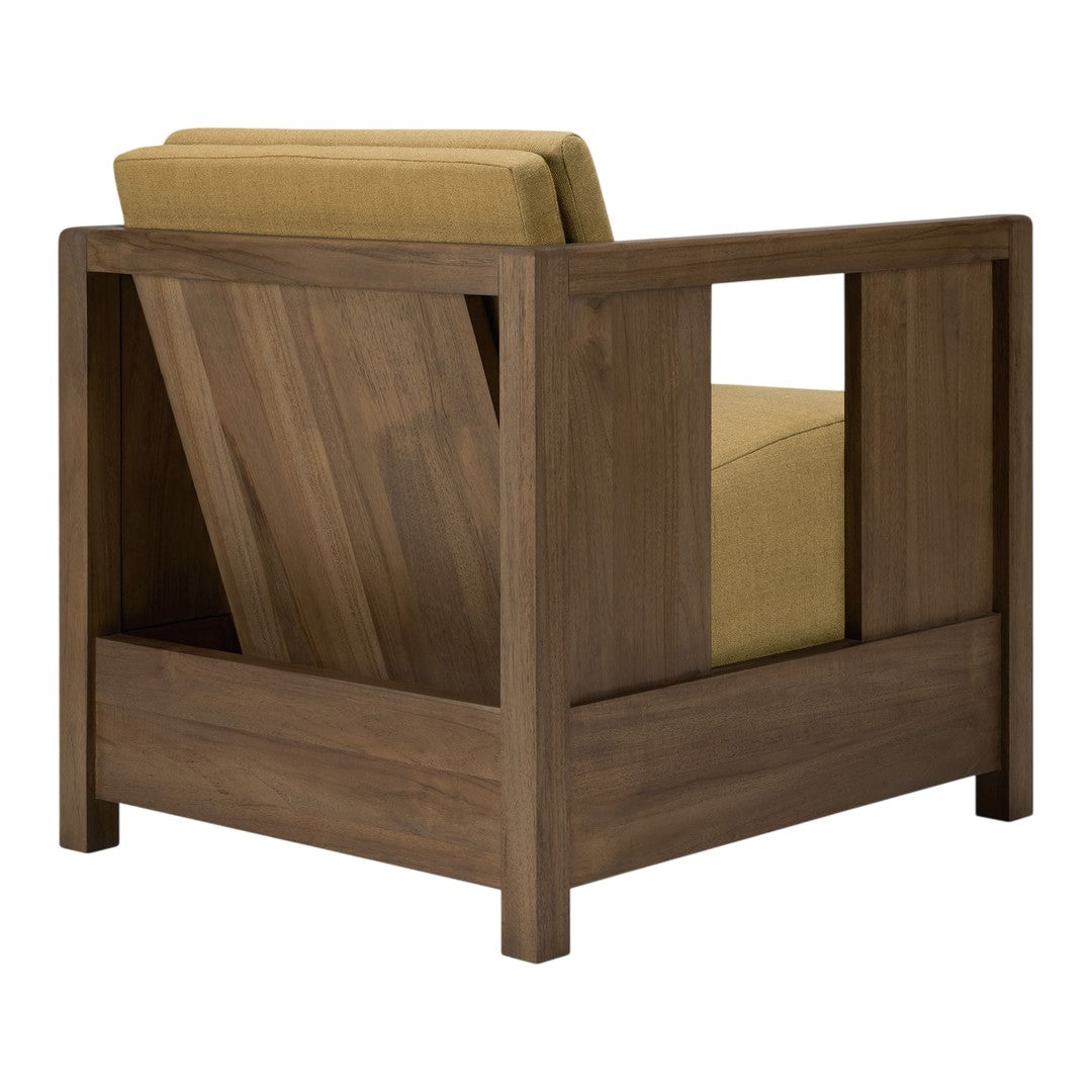"Modern wooden chair with a rich brown frame and a soft mustard yellow cushion."