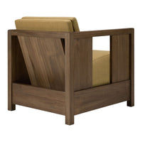 "Modern wooden chair with a rich brown frame and a soft mustard yellow cushion."