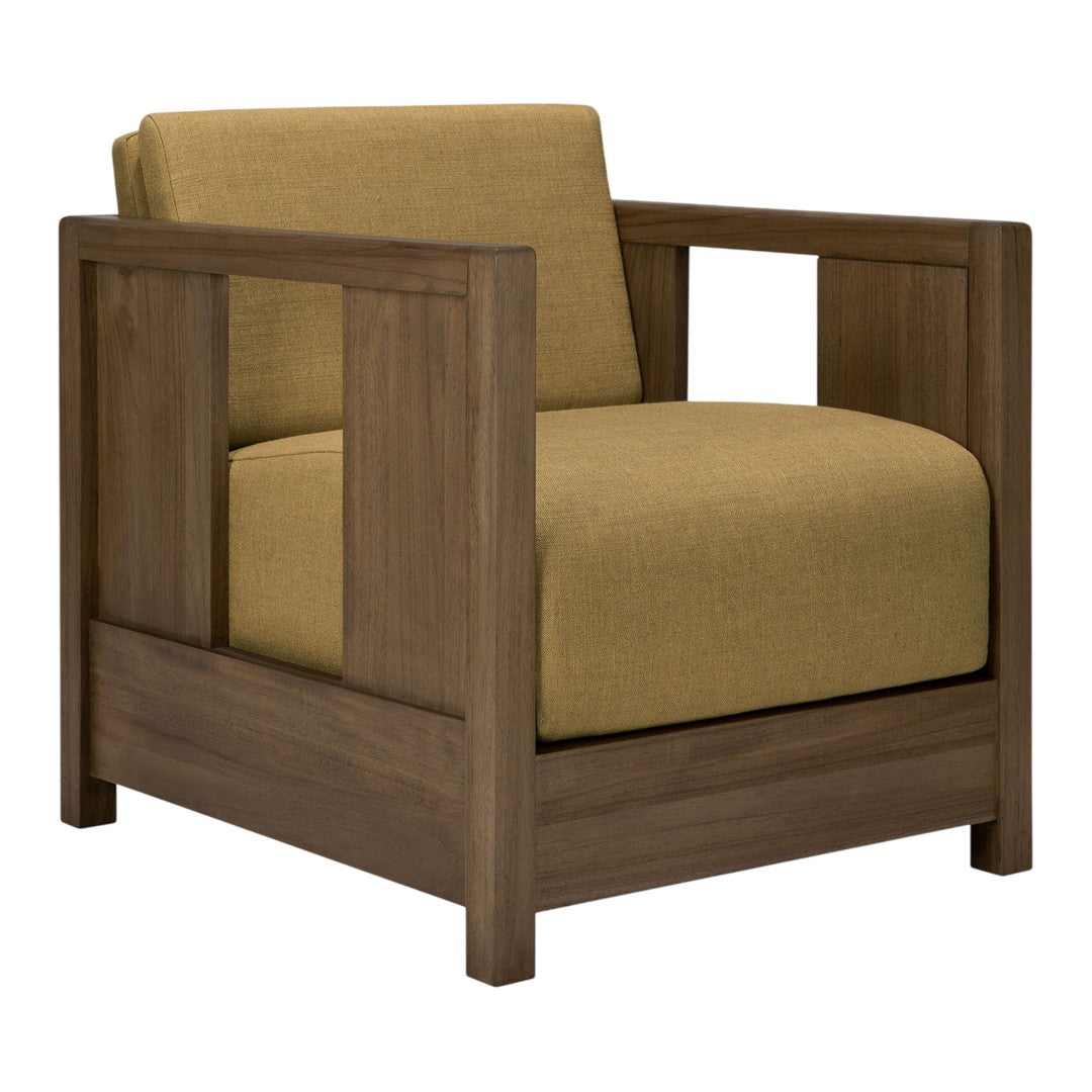 Olive green upholstery with a solid wood frame in a rich brown finish. Modern, minimalist design with clean lines.