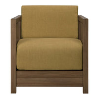 Olive green upholstered chair with a minimalistic wooden frame. Simple and modern aesthetic, perfect for any decor.