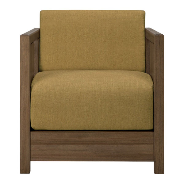 Olive green upholstered chair with a minimalistic wooden frame. Simple and modern aesthetic, perfect for any decor.