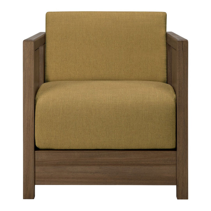 Olive green upholstered chair with a minimalistic wooden frame. Simple and modern aesthetic, perfect for any decor.