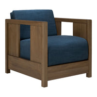 Blue fabric armchair with a modern wooden frame, featuring a sleek, minimalist design. Perfect for contemporary decor.