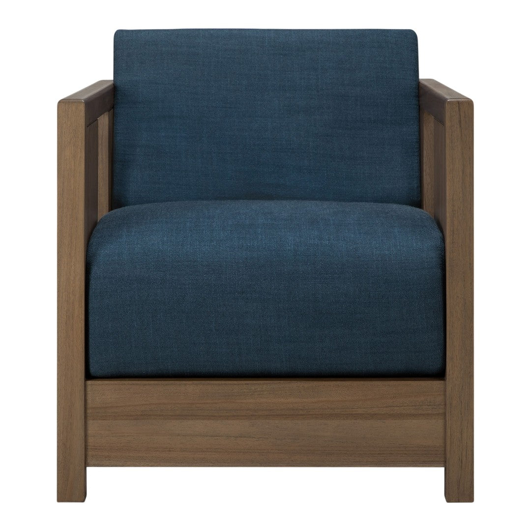 "Modern armchair in deep blue fabric with a simple wooden frame, featuring a clean, contemporary design."
