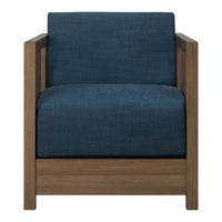"Modern armchair in deep blue fabric with a simple wooden frame, featuring a clean, contemporary design."