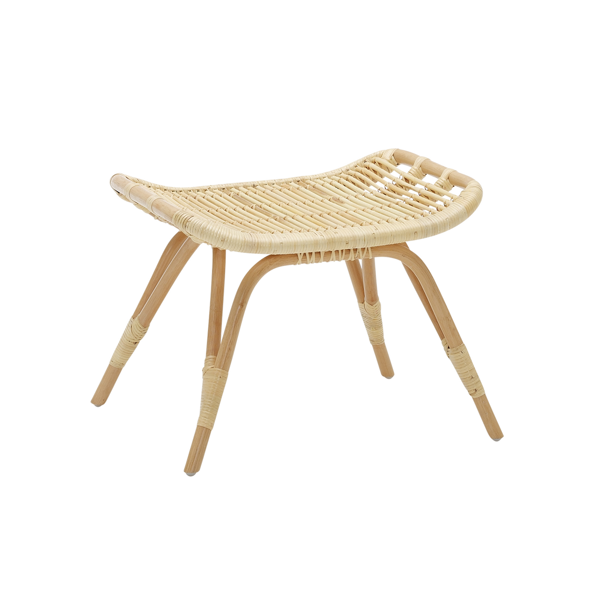 Natural bamboo footstool with woven rattan seat, showcasing a light tan color and a minimalist design.