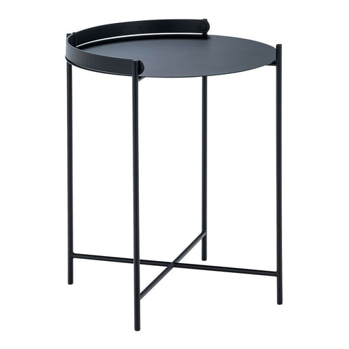 Black metal side table with a circular top and minimalistic design. Ideal for modern decor.