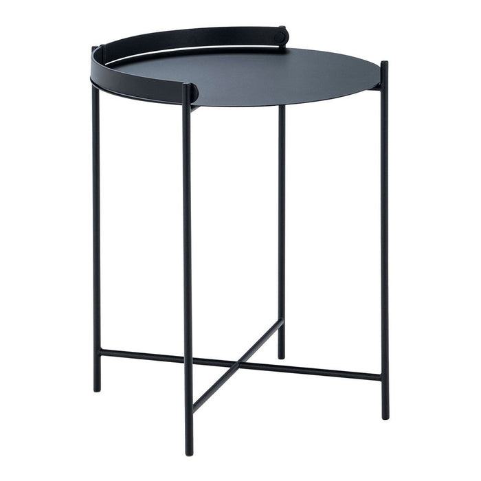 Black metal side table with a circular top and minimalistic design. Ideal for modern decor.