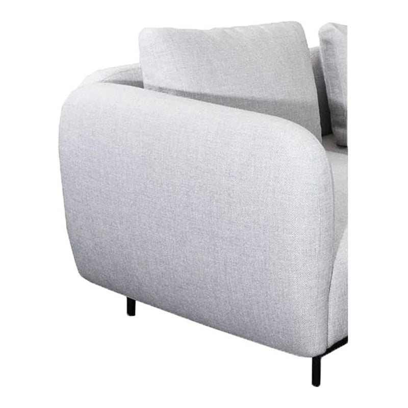 Light gray upholstered sofa with a smooth texture and subtle pattern, featuring black metal legs.