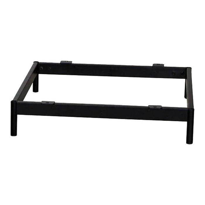 Black metal bed frame base with a simple, modern design and smooth finish. Ideal for minimalist decor.