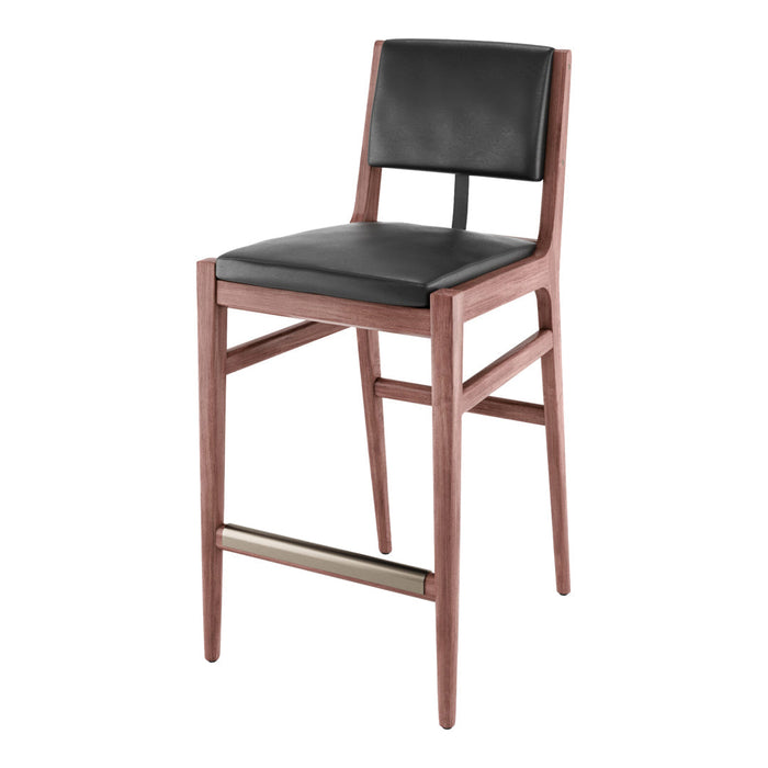 Black leather seat and backrest with a warm wooden frame, featuring a sleek, minimalist design.