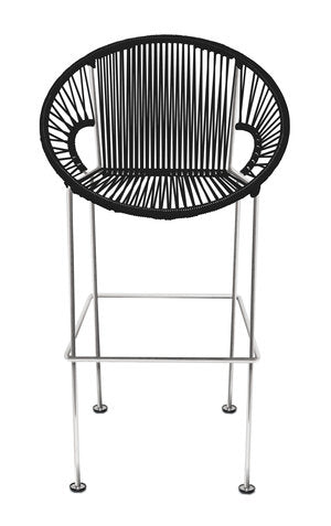 Black and silver bar chair with a modern, circular design and vertical stripe pattern. Perfect for contemporary decor.
