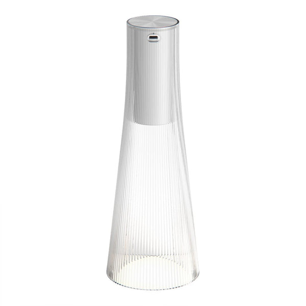 Sleek transparent glass pitcher with a modern white lid, featuring subtle vertical ribbed patterns for added texture.