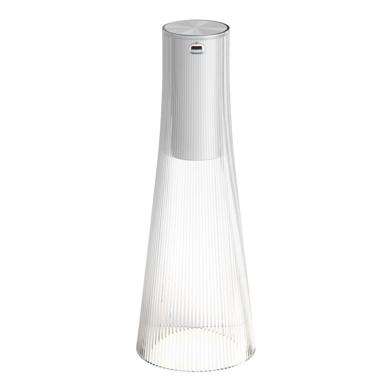 Sleek transparent glass pitcher with a modern white lid, featuring subtle vertical ribbed patterns for added texture.