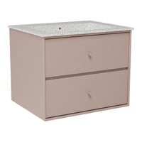 Blush pink bathroom vanity with a speckled white countertop and two smooth drawers.