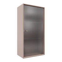 Beige storage cabinet with horizontal ribbed glass door, featuring sleek lines and modern design elements.