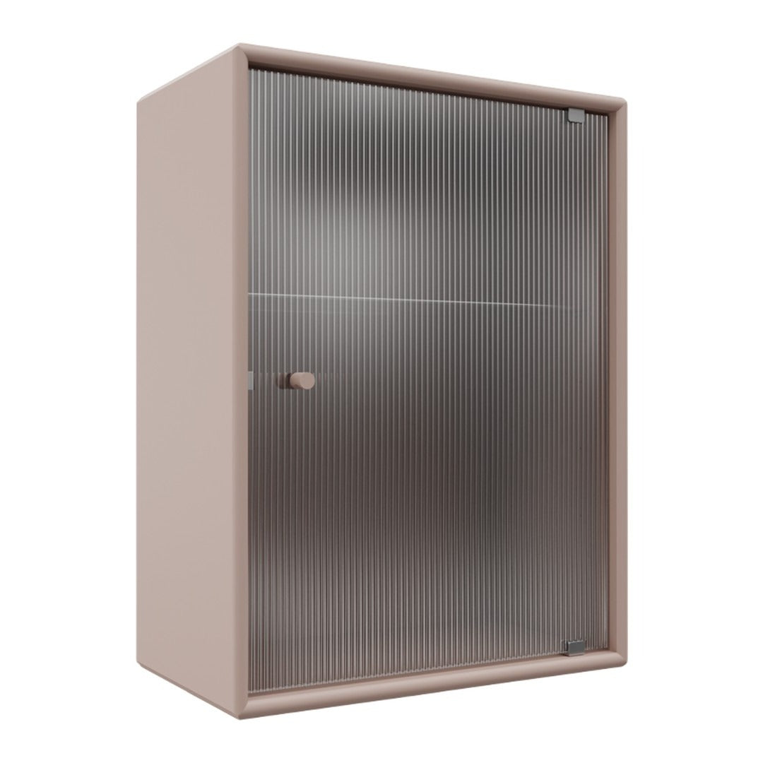 Blush pink cabinet with sleek, vertical ribbed glass door and minimalist design, perfect for modern interiors.