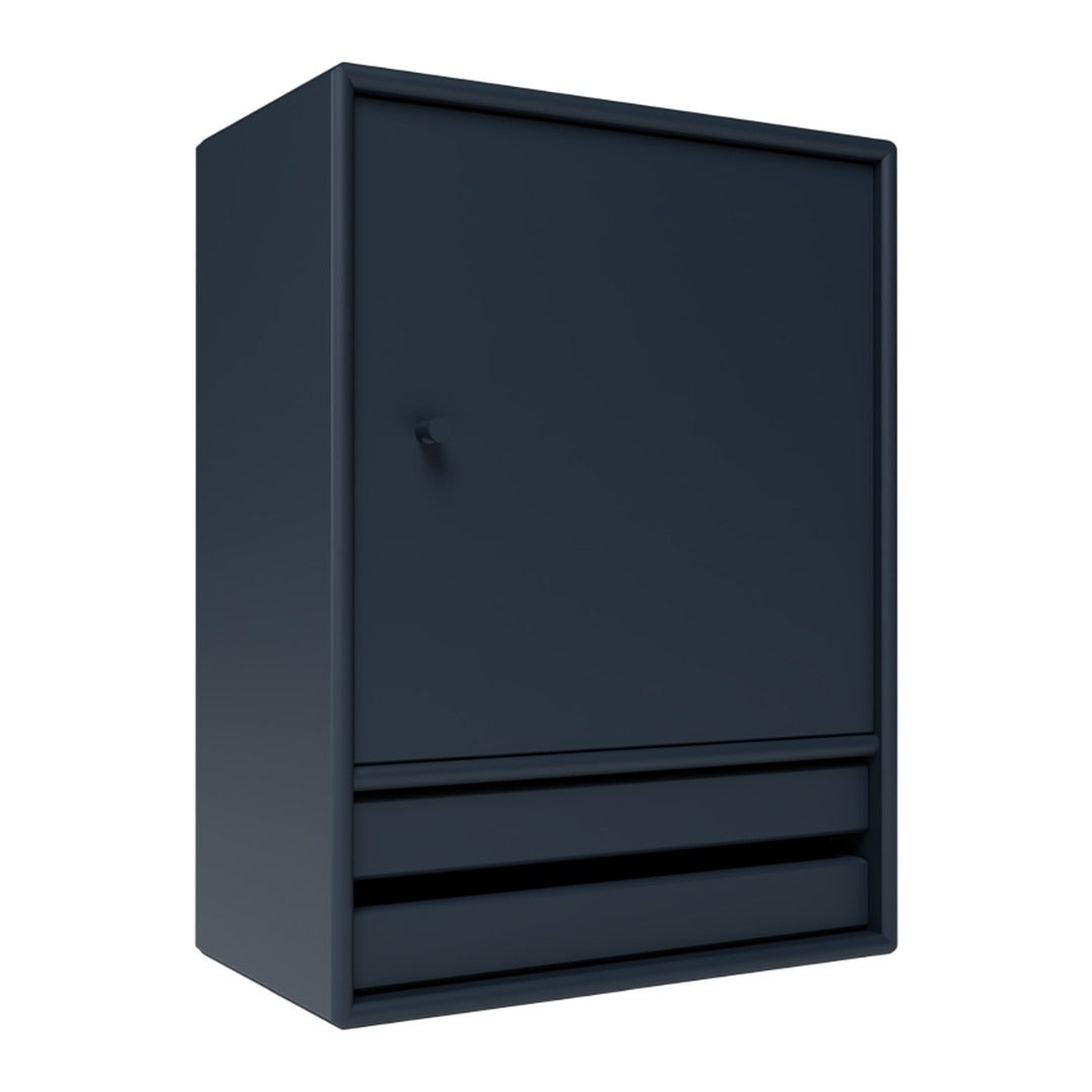 Sleek black storage cabinet with a smooth finish and minimalist design, featuring one door and two lower drawers.