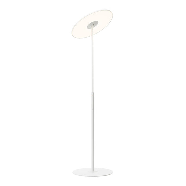 Sleek white floor lamp with a circular shade, featuring a modern minimalist design and smooth finish.