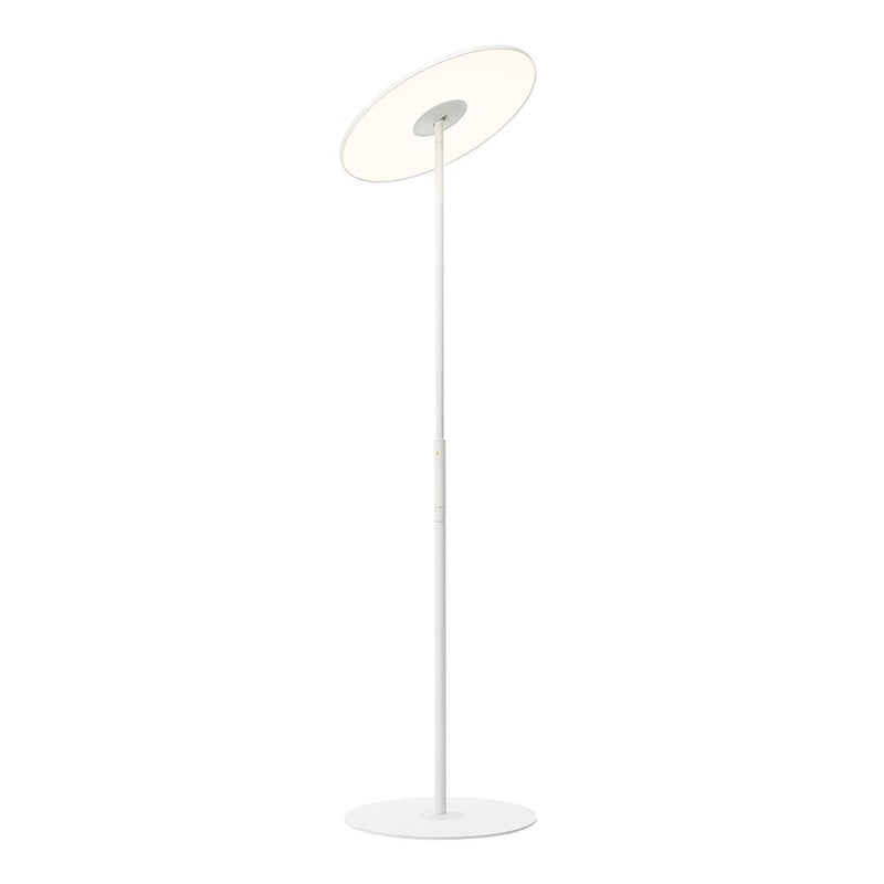 Sleek white floor lamp with a circular shade, featuring a modern minimalist design and smooth finish.
