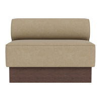 Beige upholstered loveseat with a cylindrical backrest and dark wood base. Simple, modern design with clean lines.