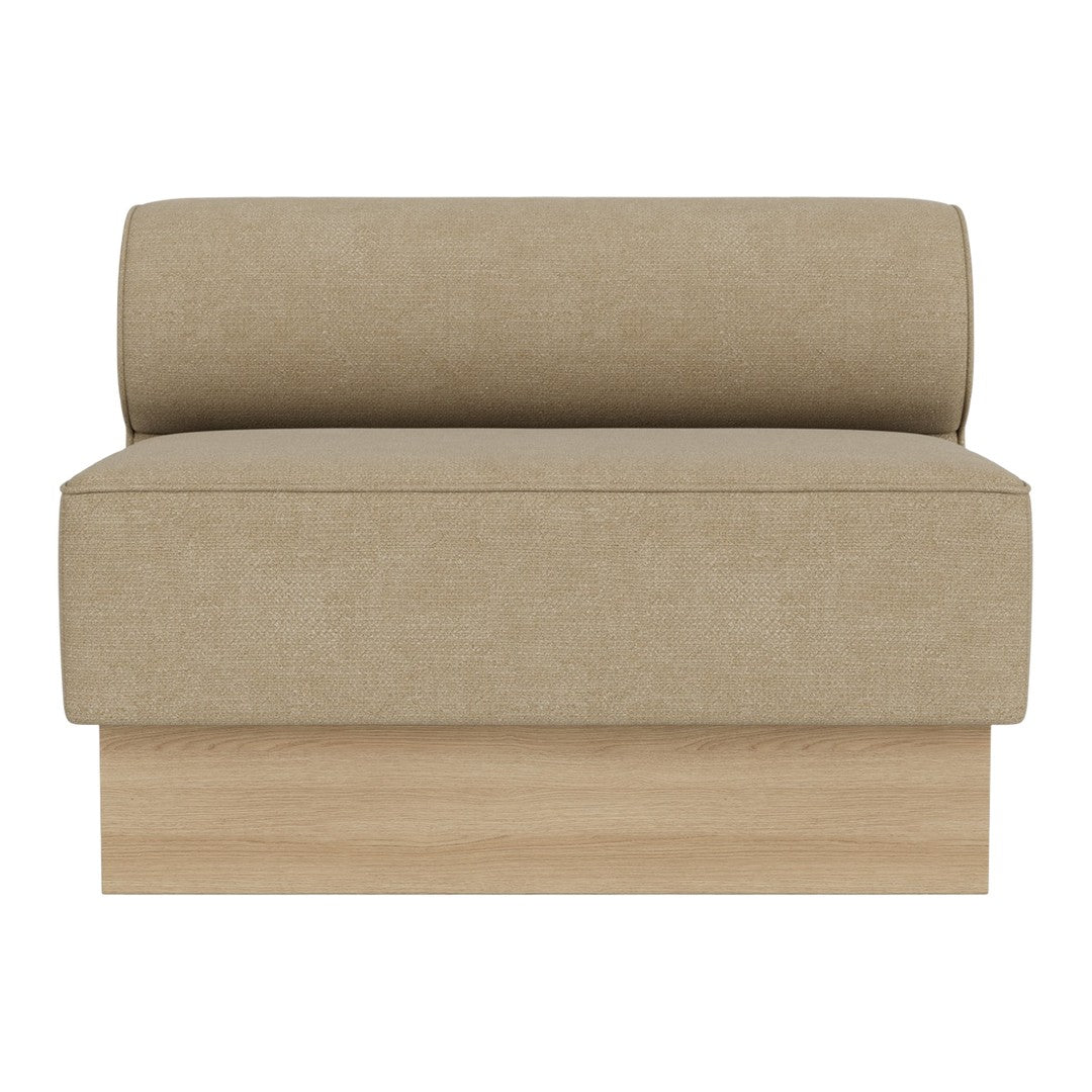 Beige upholstered loveseat with a smooth texture and a light wood base, perfect for modern decor.
