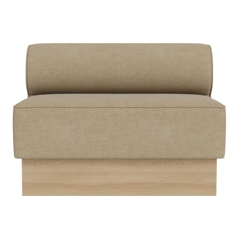 Beige upholstered loveseat with a smooth texture and a light wood base, perfect for modern decor.