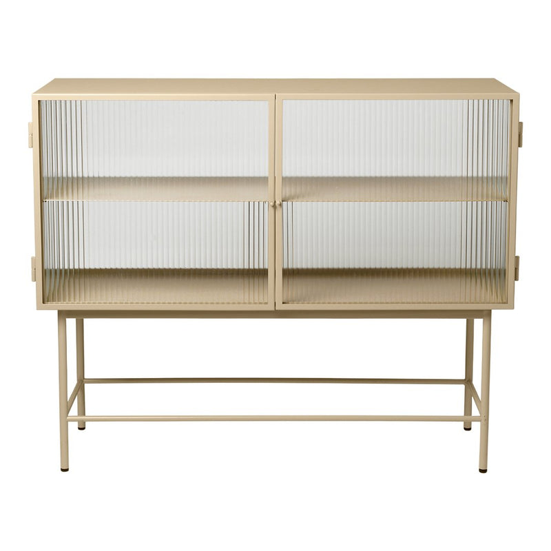 Beige cabinet with ribbed glass doors and a sleek metal frame, featuring two open shelves for stylish storage.
