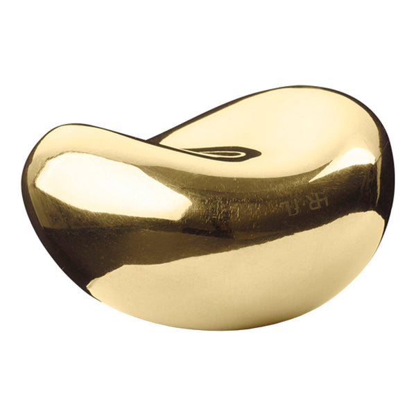 "Shiny gold decorative bean-shaped sculpture with smooth, reflective surface."