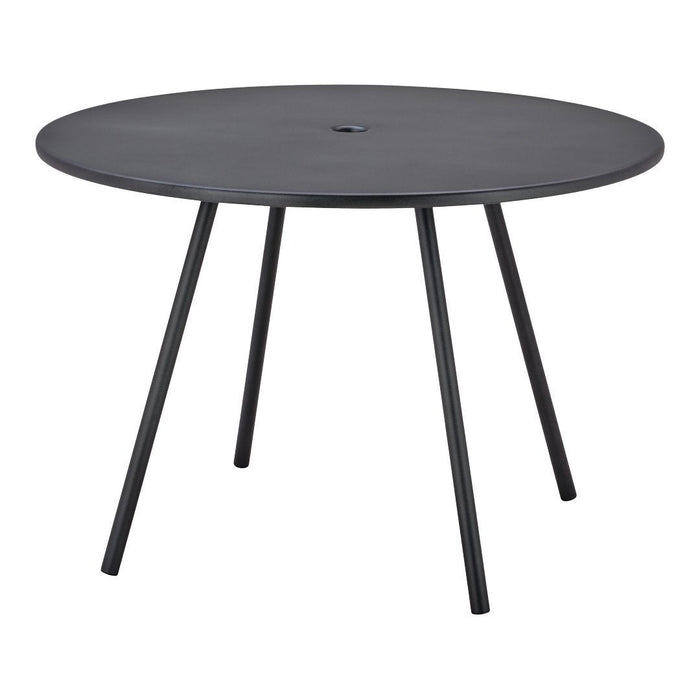 Round black table with a smooth matte finish and three slender legs, perfect for modern decor.