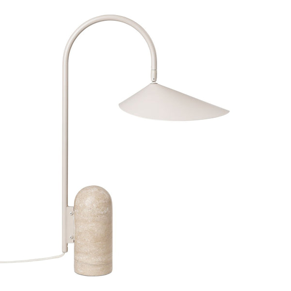 Modern beige lamp with a curved white shade and a cylindrical beige base, featuring a minimalist design.