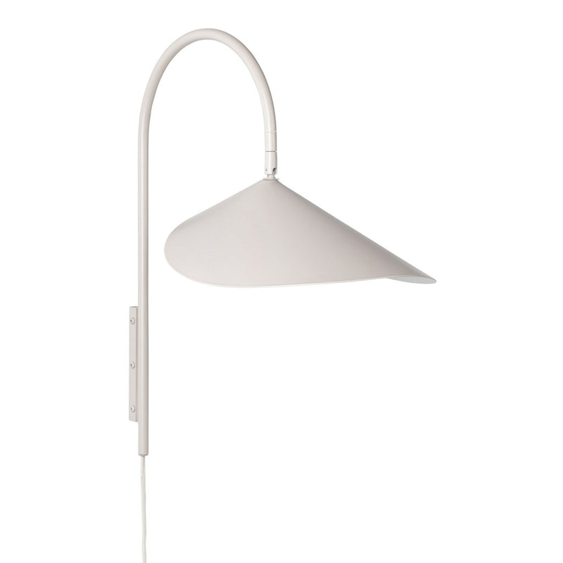 White wall lamp with a sleek, curved design and a conical shade, perfect for modern decor.