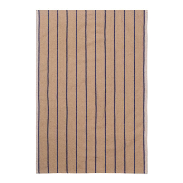 Beige towel with navy blue vertical stripes, offering a stylish and modern design for any bathroom.