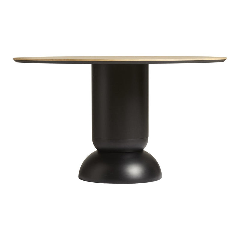 Round table with a natural wood top and matte black base, featuring a sleek, modern design.