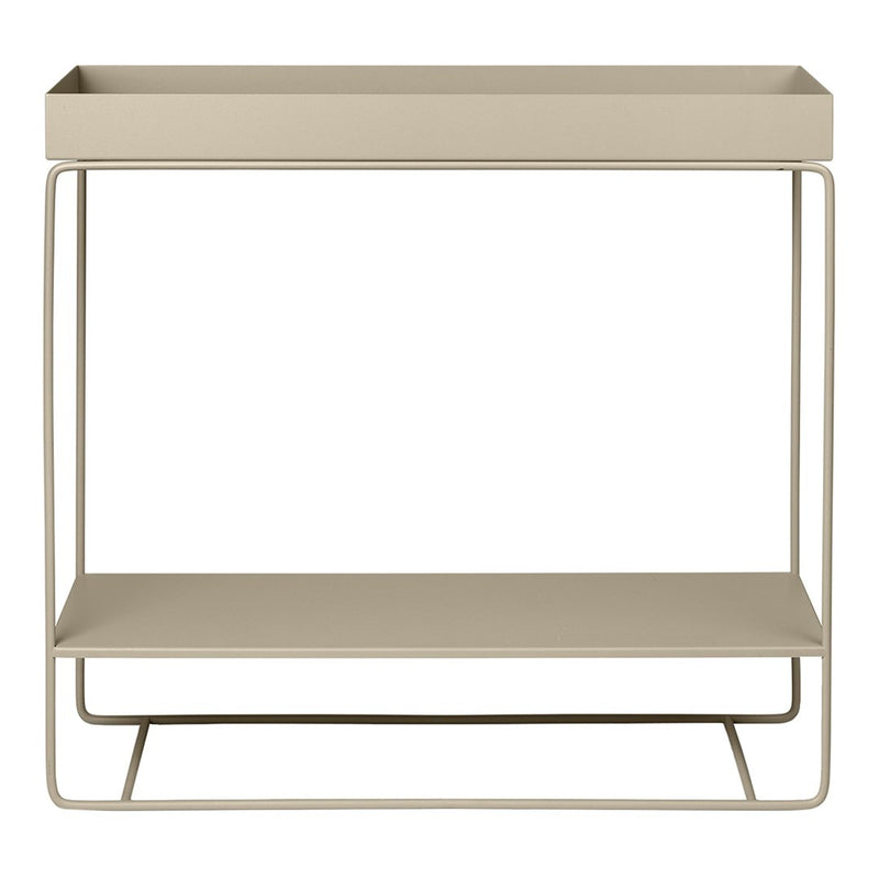 Beige metal storage shelf with a minimalist design and smooth top and bottom surfaces. Perfect for modern decor.