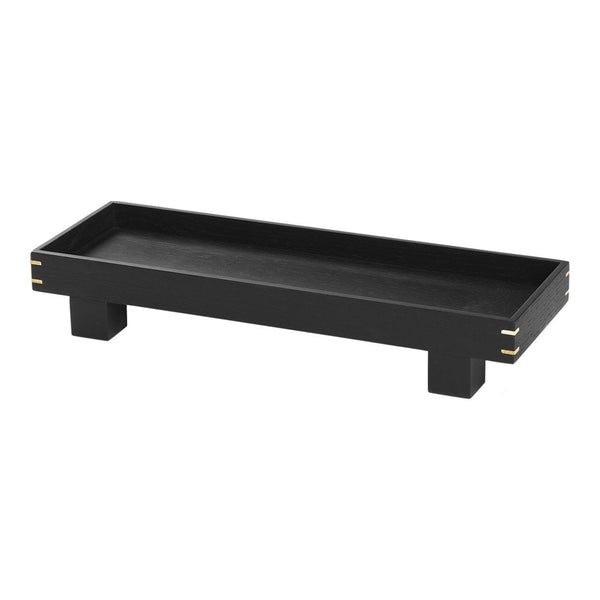 Rectangular black display tray with sleek, minimalist design and subtle gold accents. Perfect for home decor.